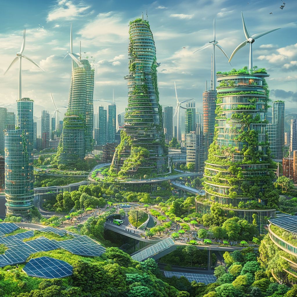 Eco-friendly city with green buildings and renewable energy sources.