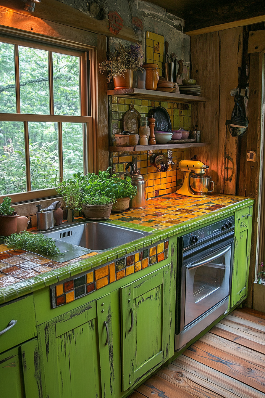 Eco-friendly kitchen with bamboo flooring, recycled glass, herbs.