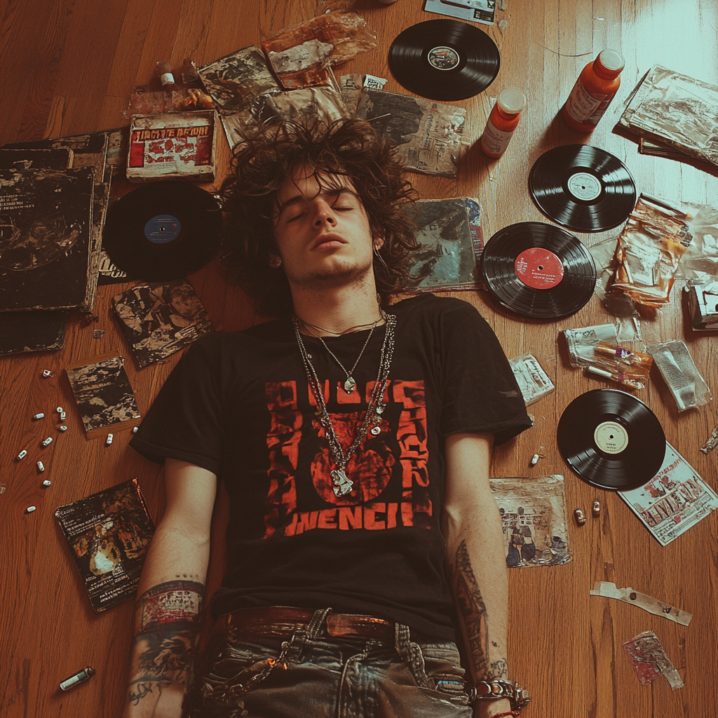 Edgy young man surrounded by vinyl records 