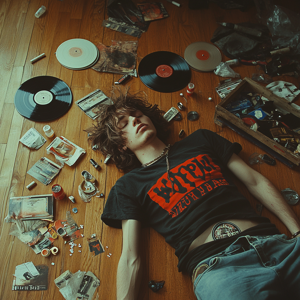 Edgy young man surrounded by vinyl records and cigarette packs