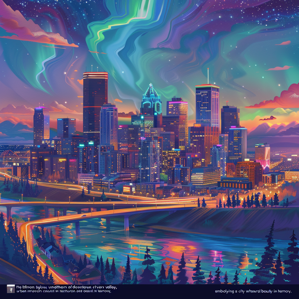 Edmonton skyline glows under northern lights neon futurism