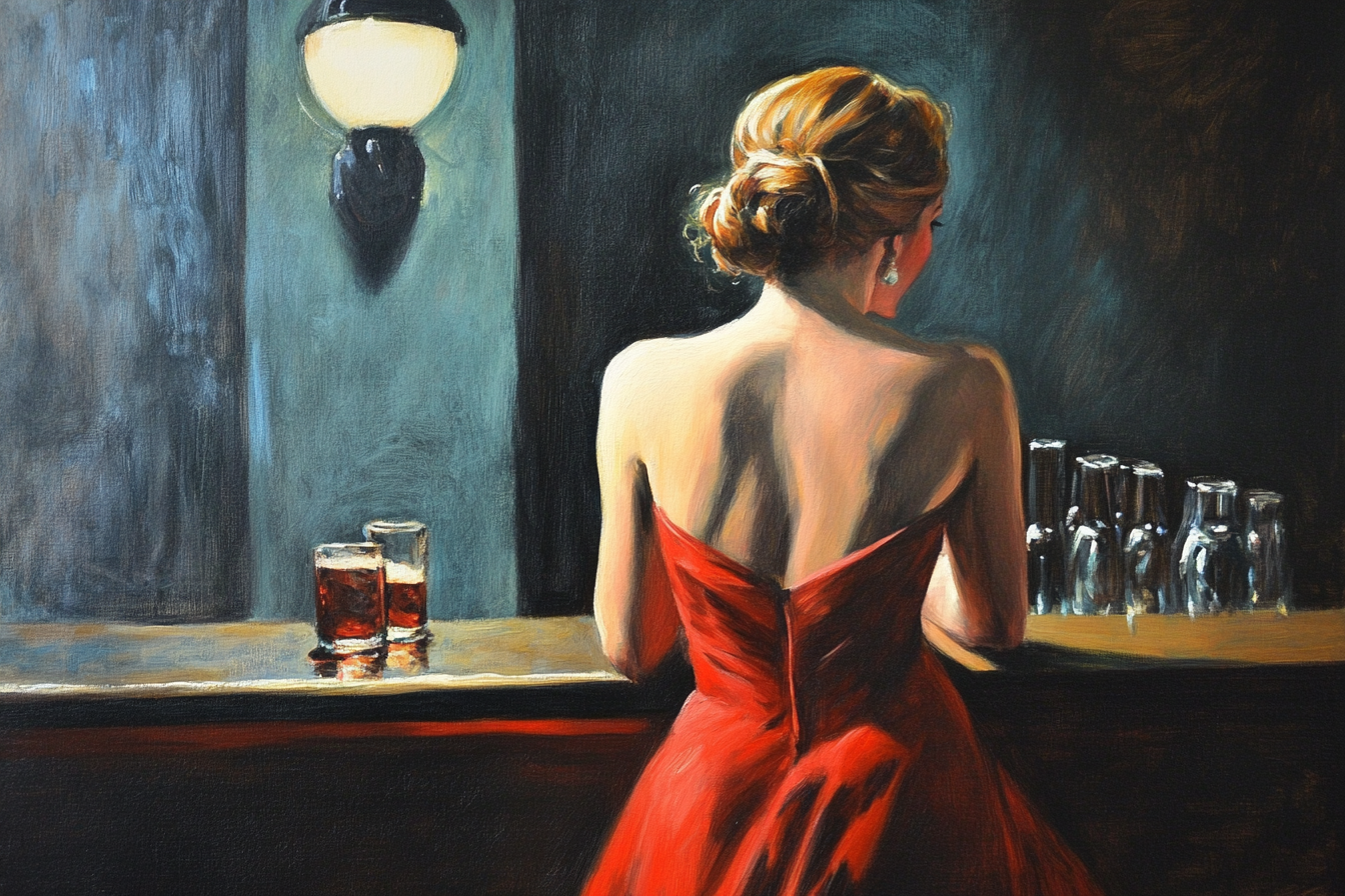 Edward Hopper Hyperrealist Painting of Glamorous Woman at Bar