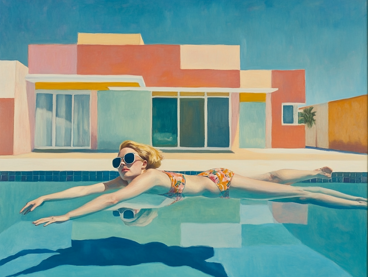 Edward Hopper hyperrealistic painting blond woman sunglasses pool dive pastel architecture.