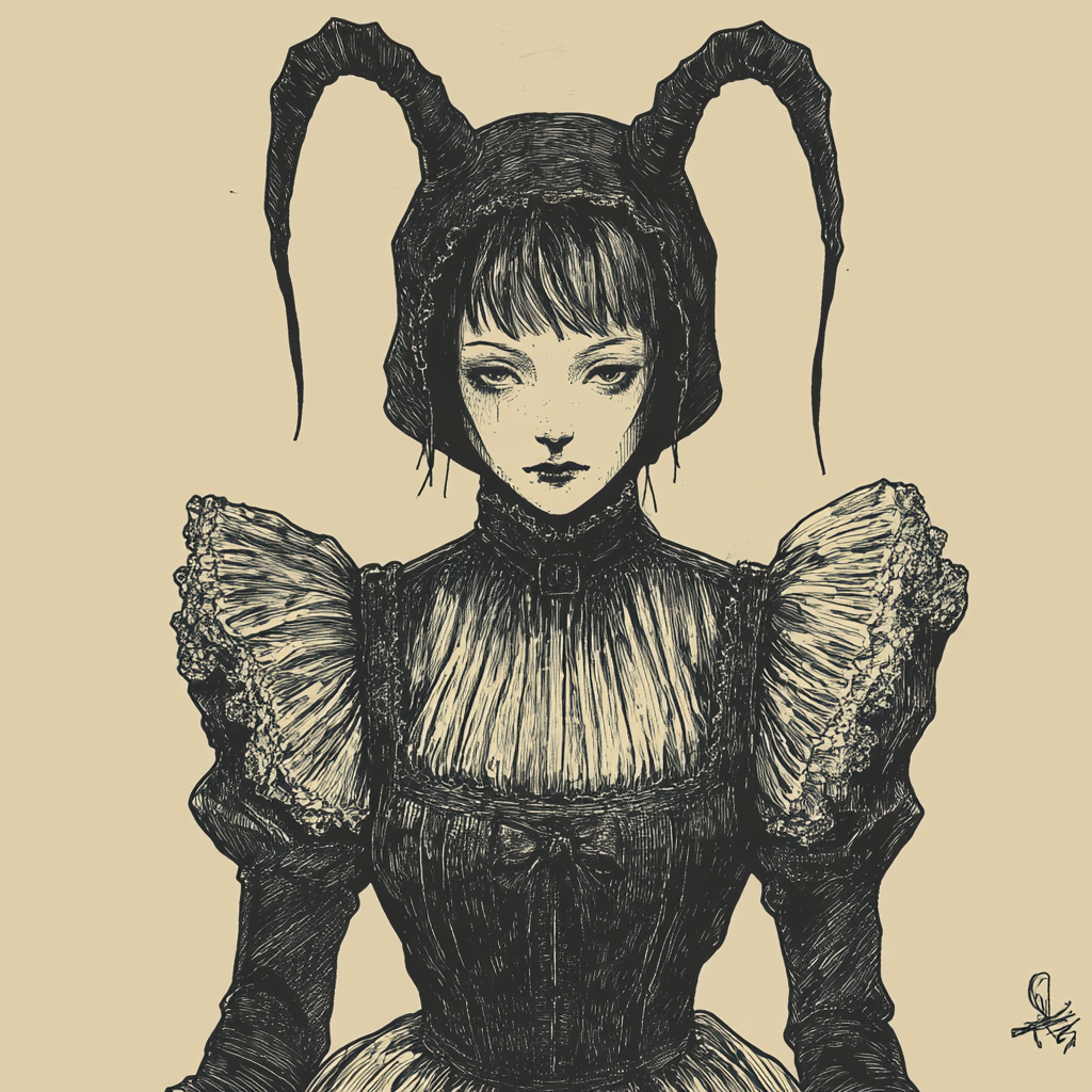 Eerie Gothic Maid in Vintage Illustration