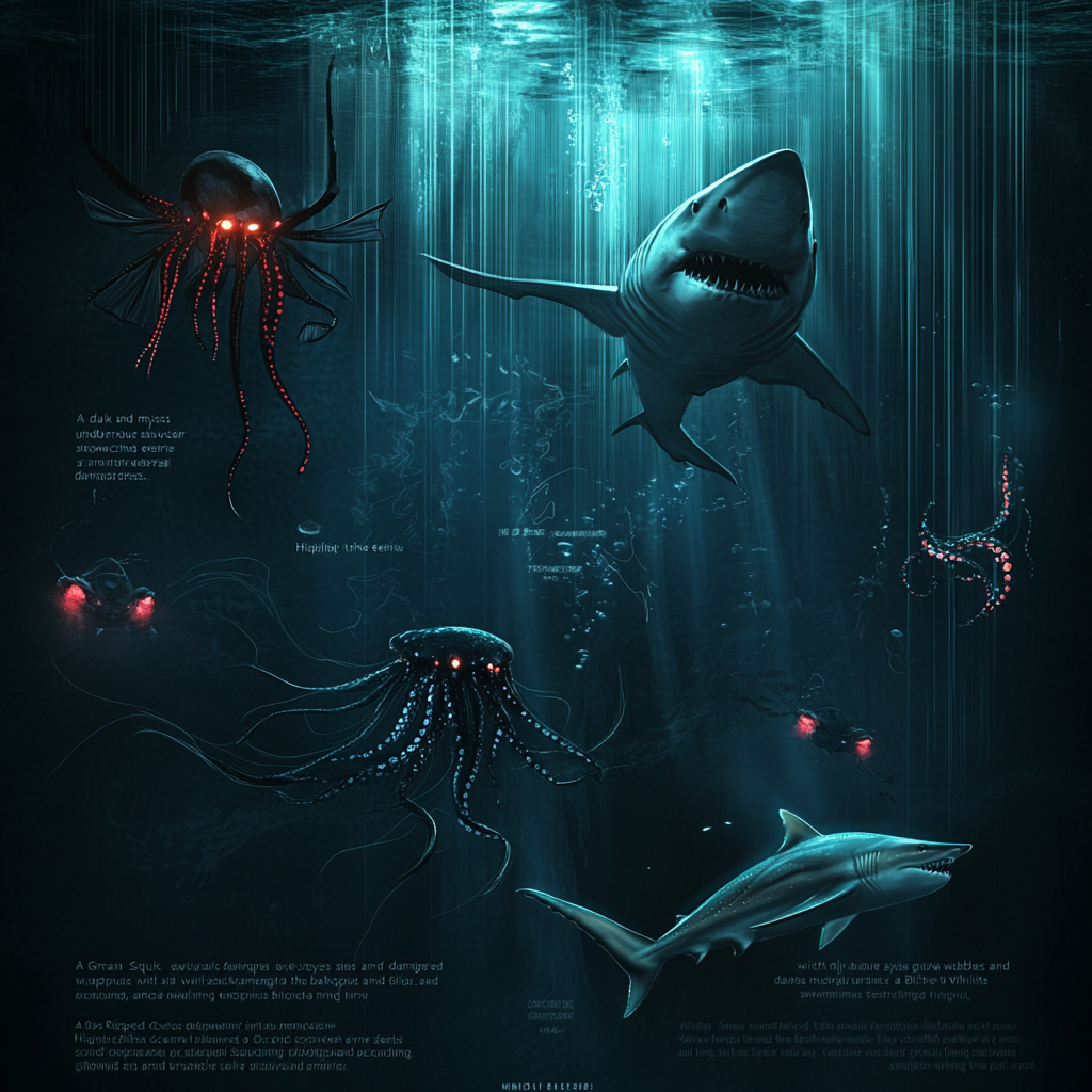 Eerie Vampire Squid, menacing Great White Shark, glowing Octopus.