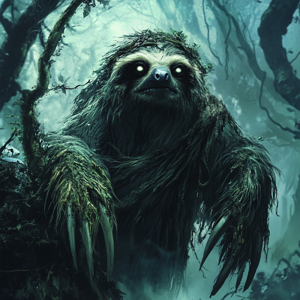 Eerie and Atmospheric Illustration: Scary Sloth in Haunted Forest