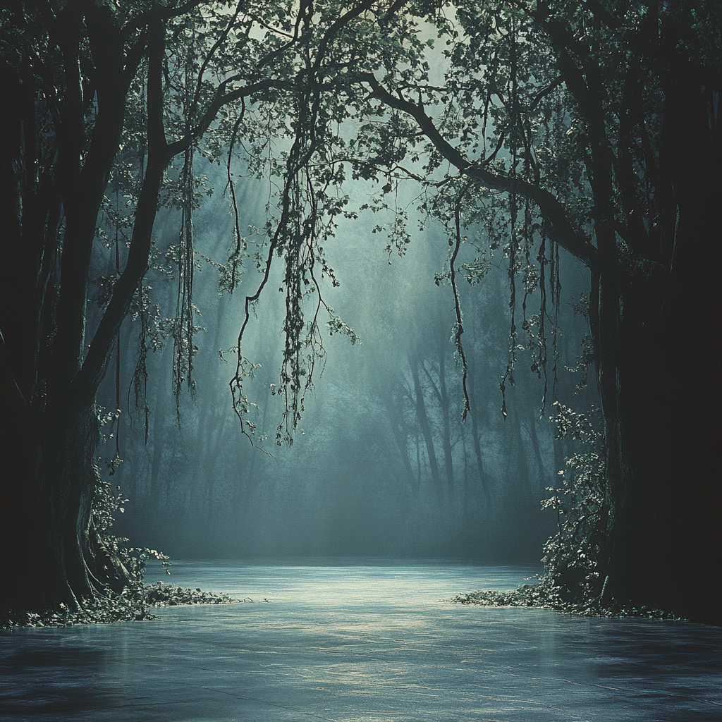 Eerie forest with moonlit lake for Swan Lake ballet.