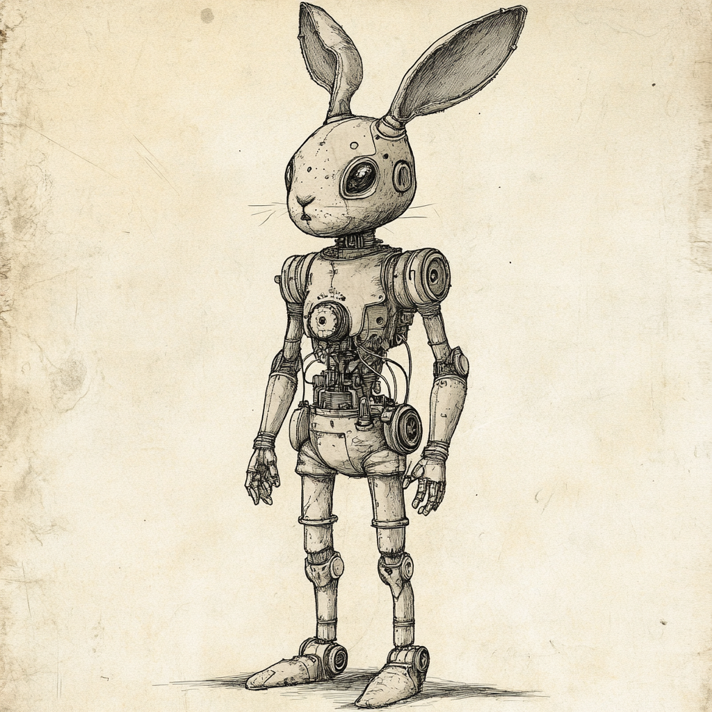 Eerie humanoid rabbit with robotic parts in vintage style.