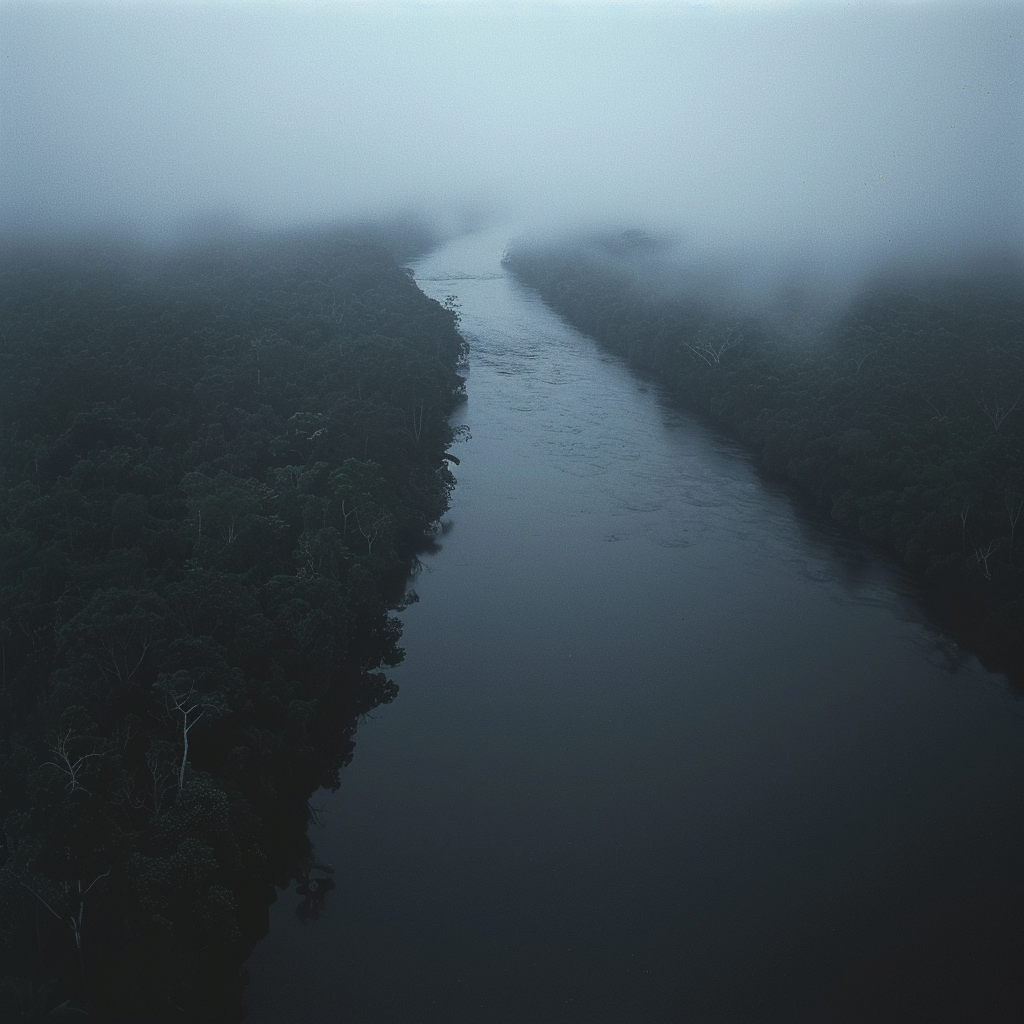 Eerie river shrouded in foggy silence at dawn.