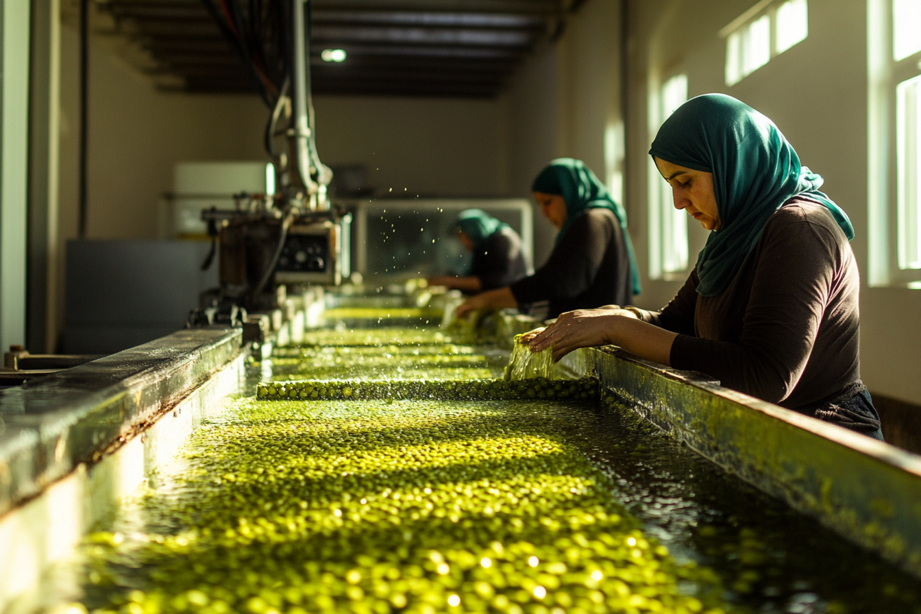 Efficient factory workers sort olives under bright lights.