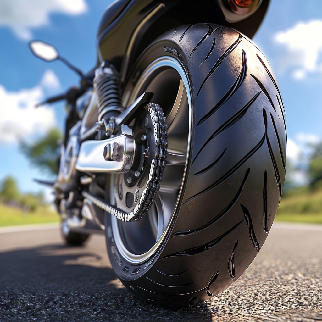 Efficient motorcycle with low resistance tires on eco-friendly road.