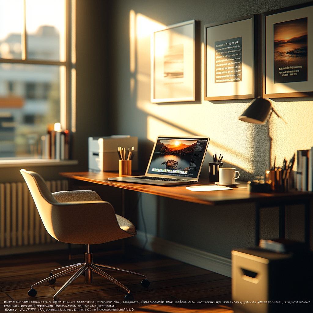 Efficient workspace with Sony camera and cozy ambiance.