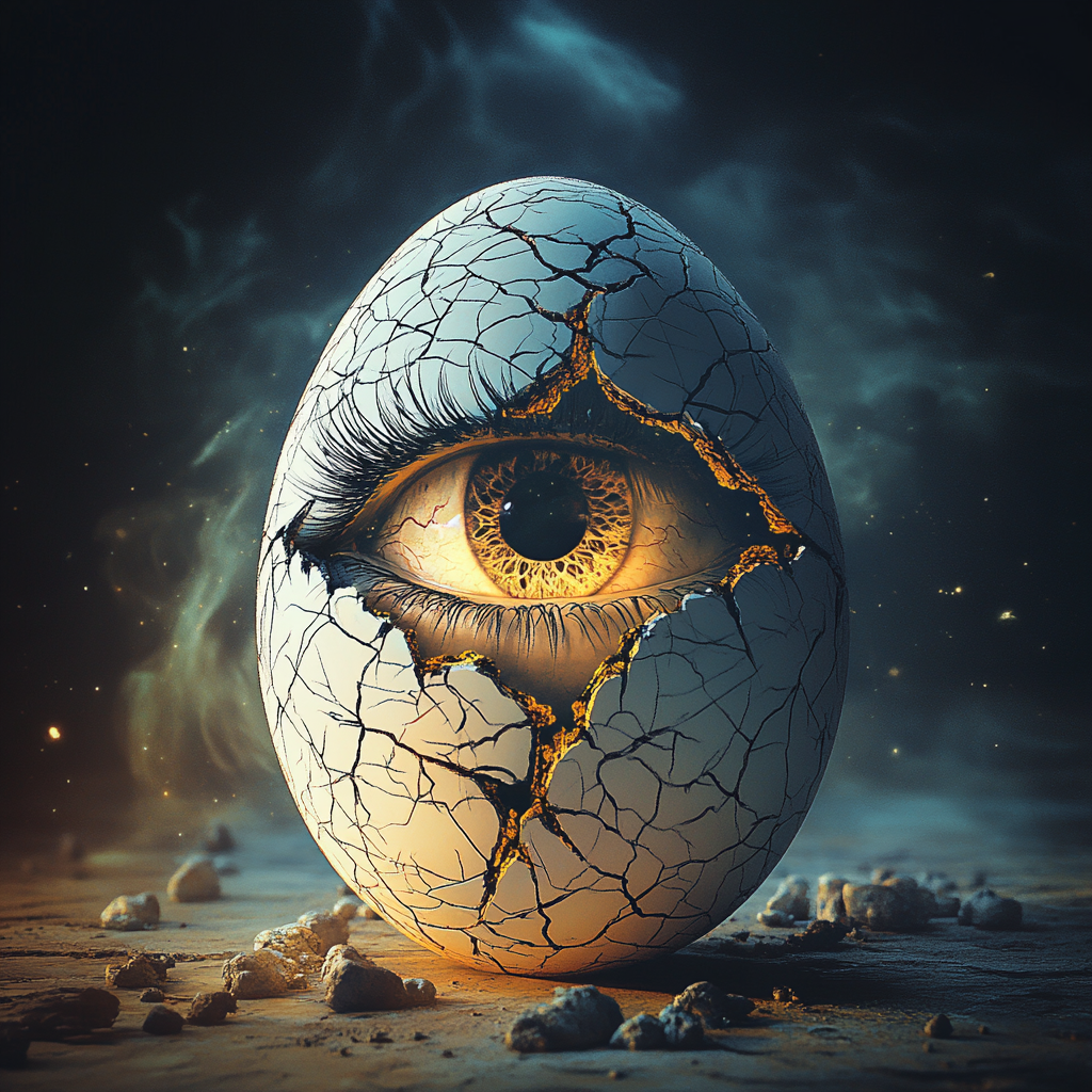 Egg with eye sketch, heavenly vibes, cracked egg.