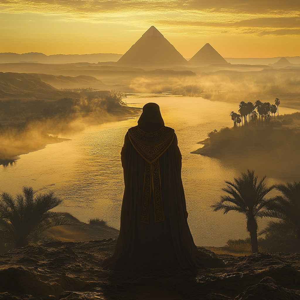 Egyptian Pharaoh Khufu at mystical Nile dawn