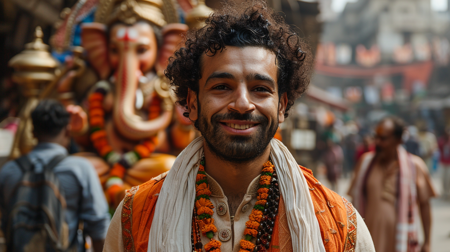 Egyptian footballer Mohamed Salah in vibrant India festival scene.