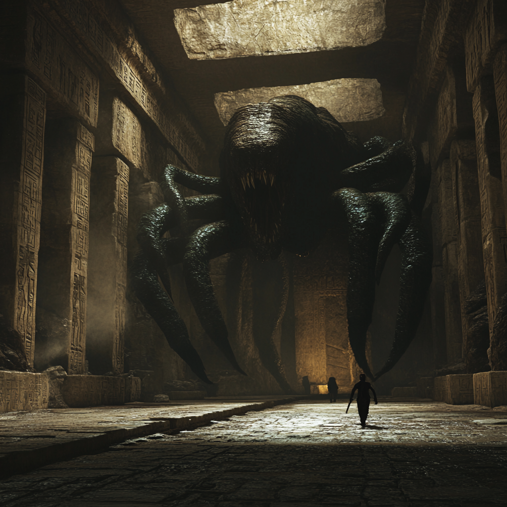 Egyptian tomb with lovecraftian creature hunts humans realistically