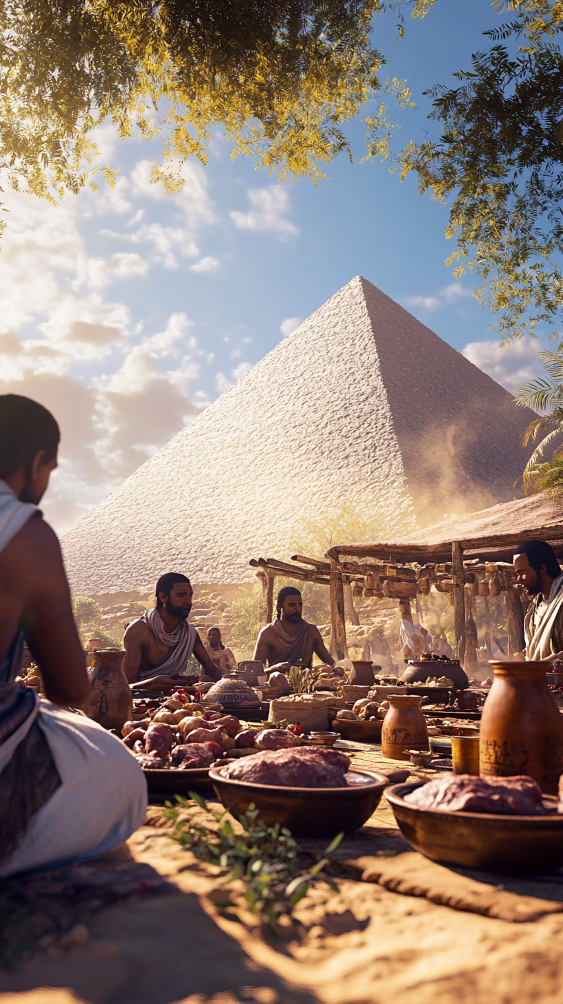 Egyptian workers enjoy meal near grand pyramid