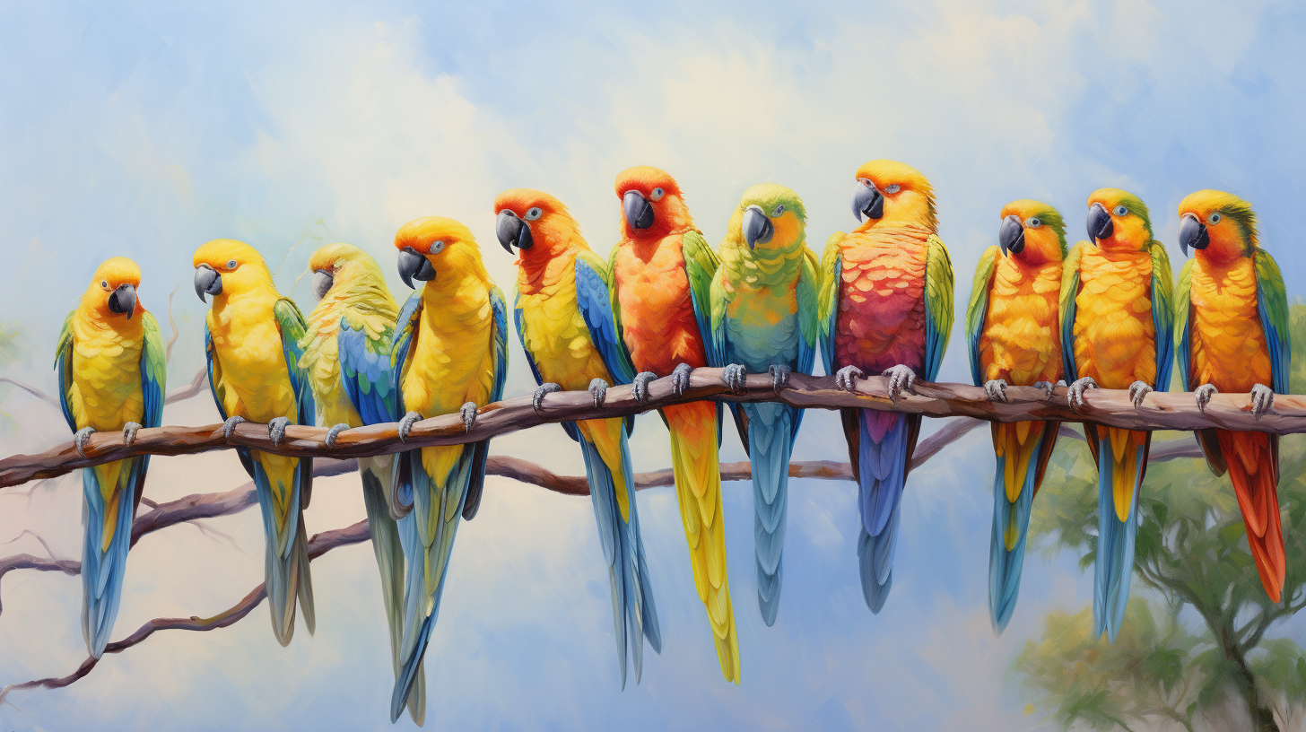 Eight colourful parrots on branch in oil painting art.