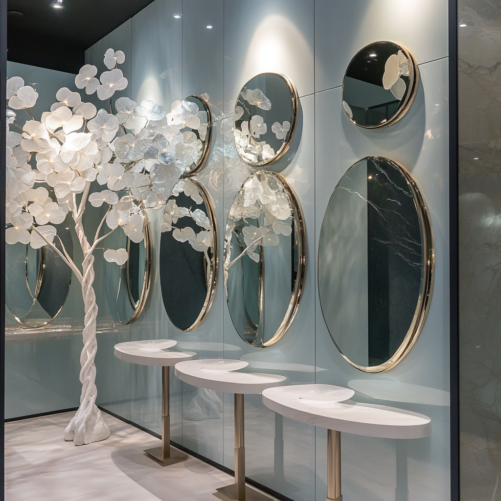 Eight elegant mirror tables complement stunning white tree sculpture.