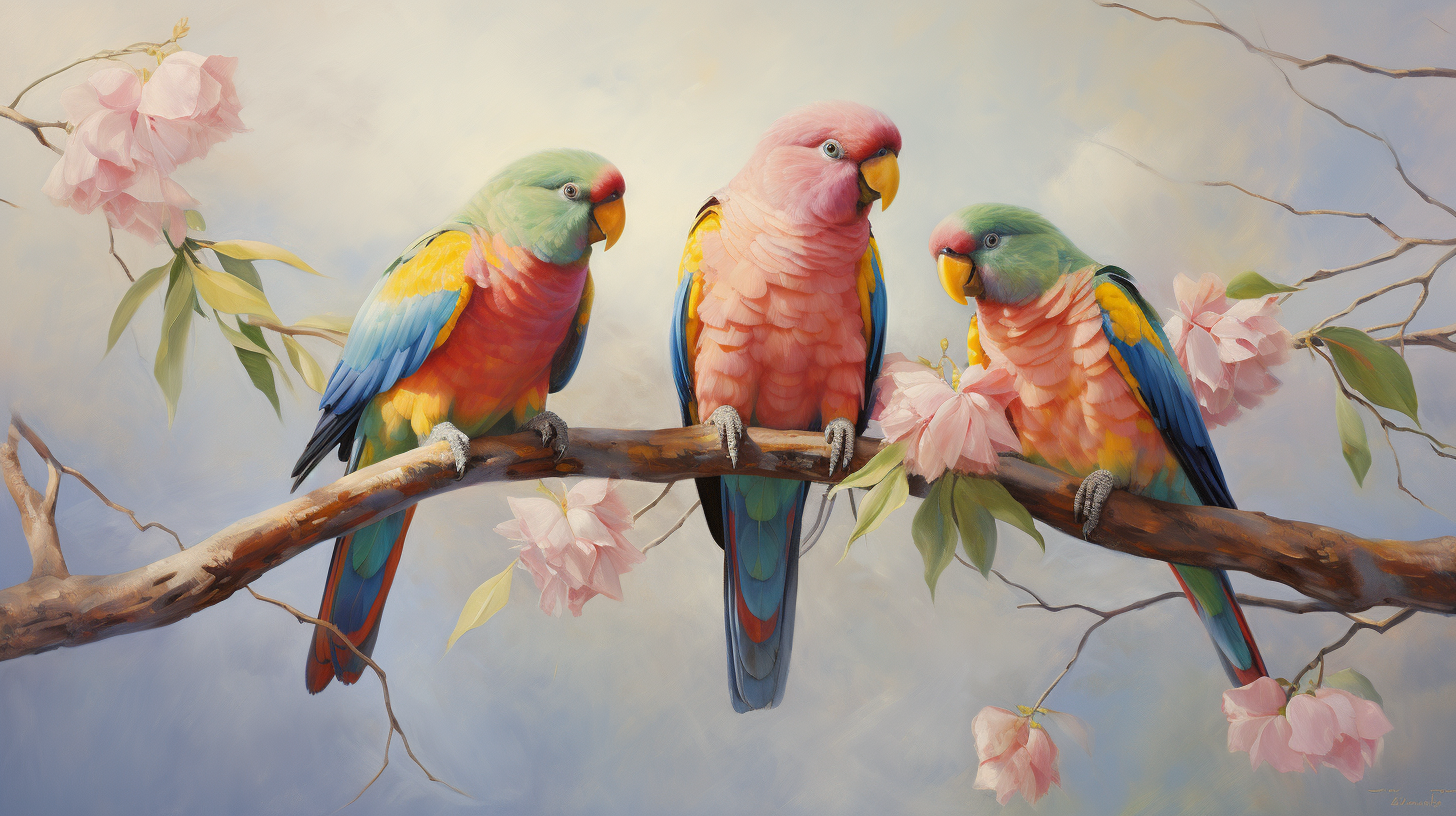 Eight vibrant parrots on a straight branch painting.