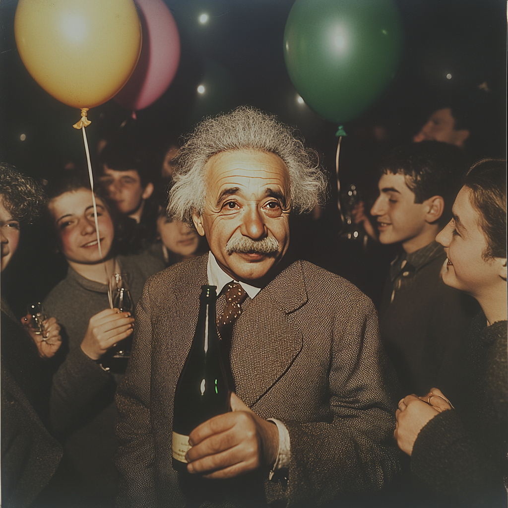 Einstein celebrating with college students at party