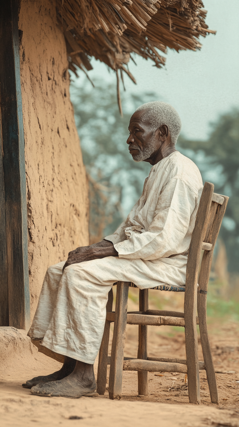 Ejike, sitting on chair outside village hut.