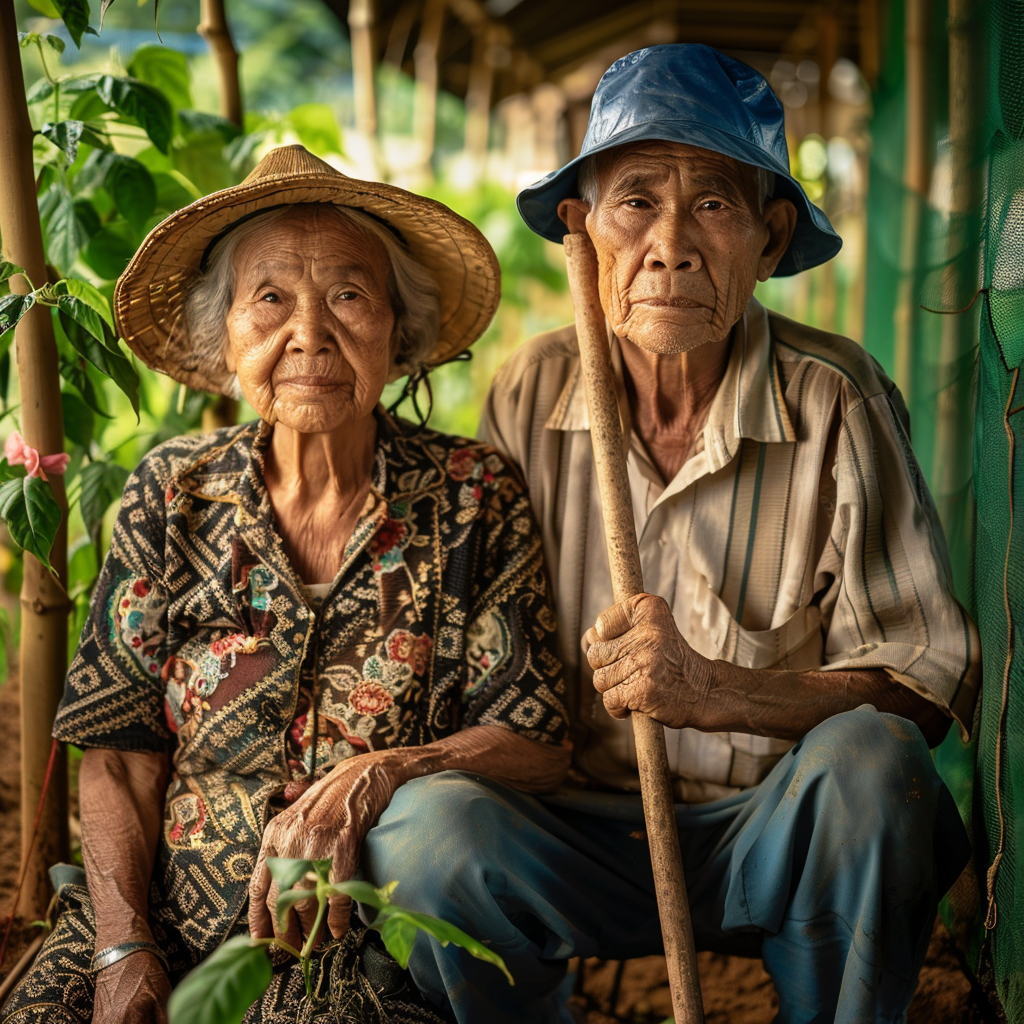 Elderly Cambodian farmers in lush Kampot pepper plantation