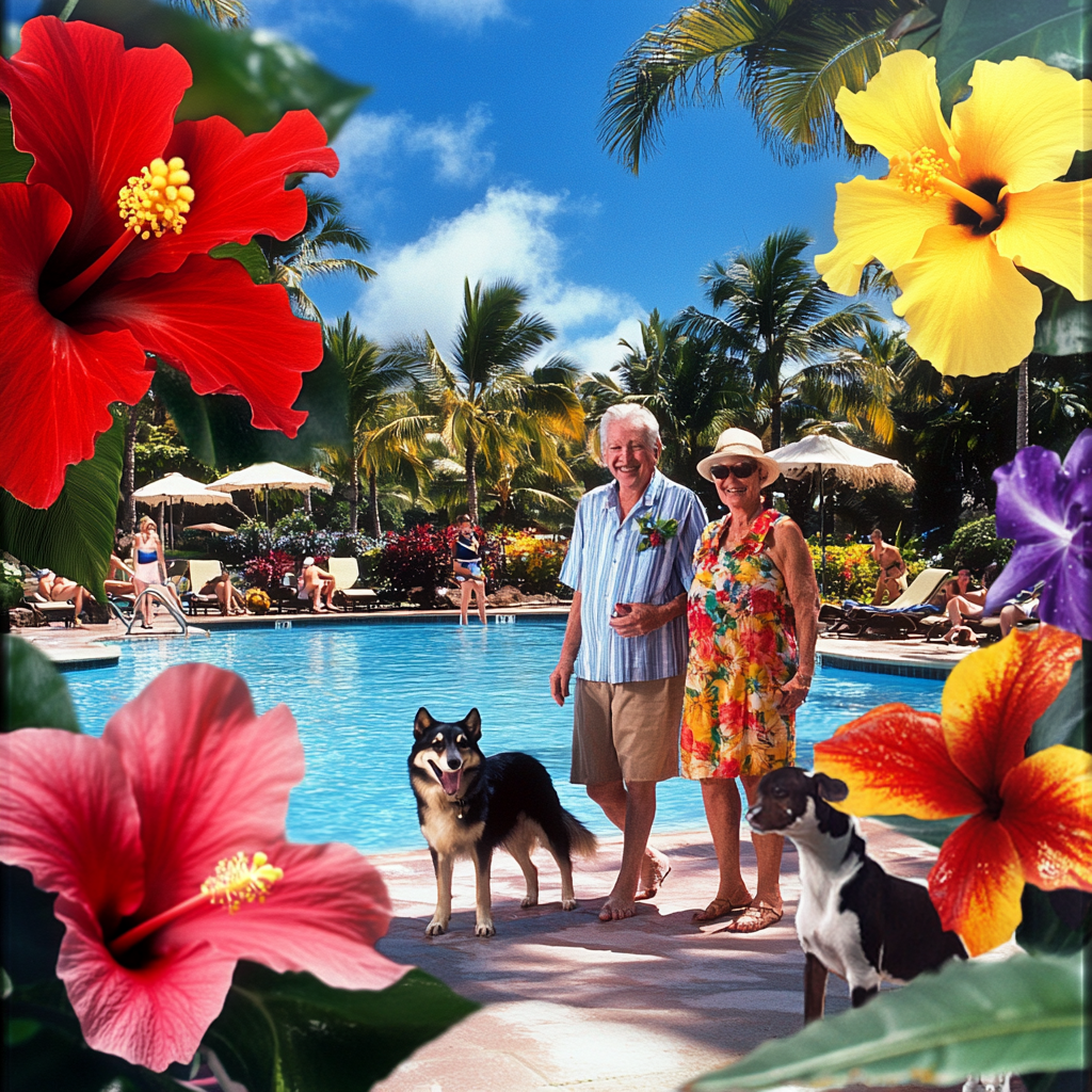 Elderly Couple and Pets Enjoy Hawaii Vacation Joyfully