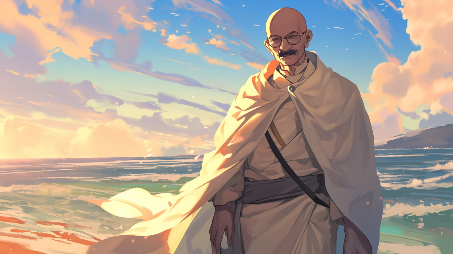 Elderly Gandhi at Beach in India, anime style