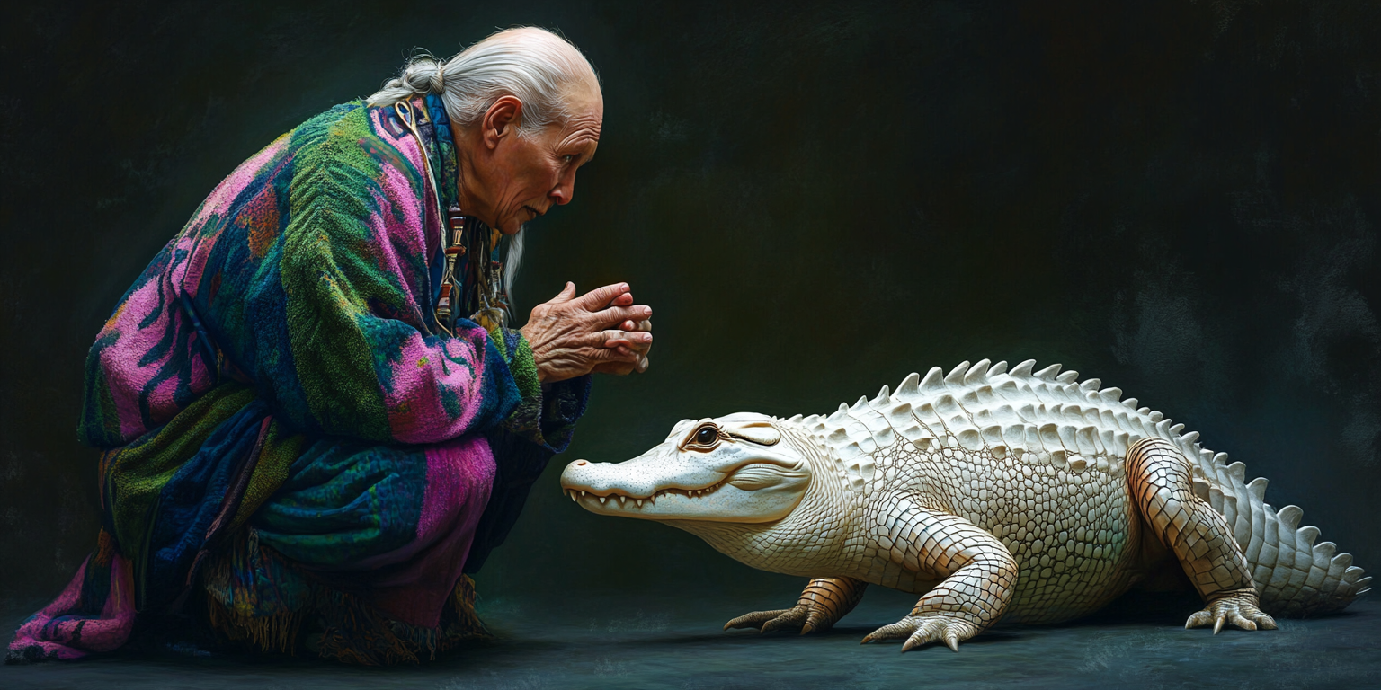 Elderly Inuit man in colorful robes crouching with alligator.