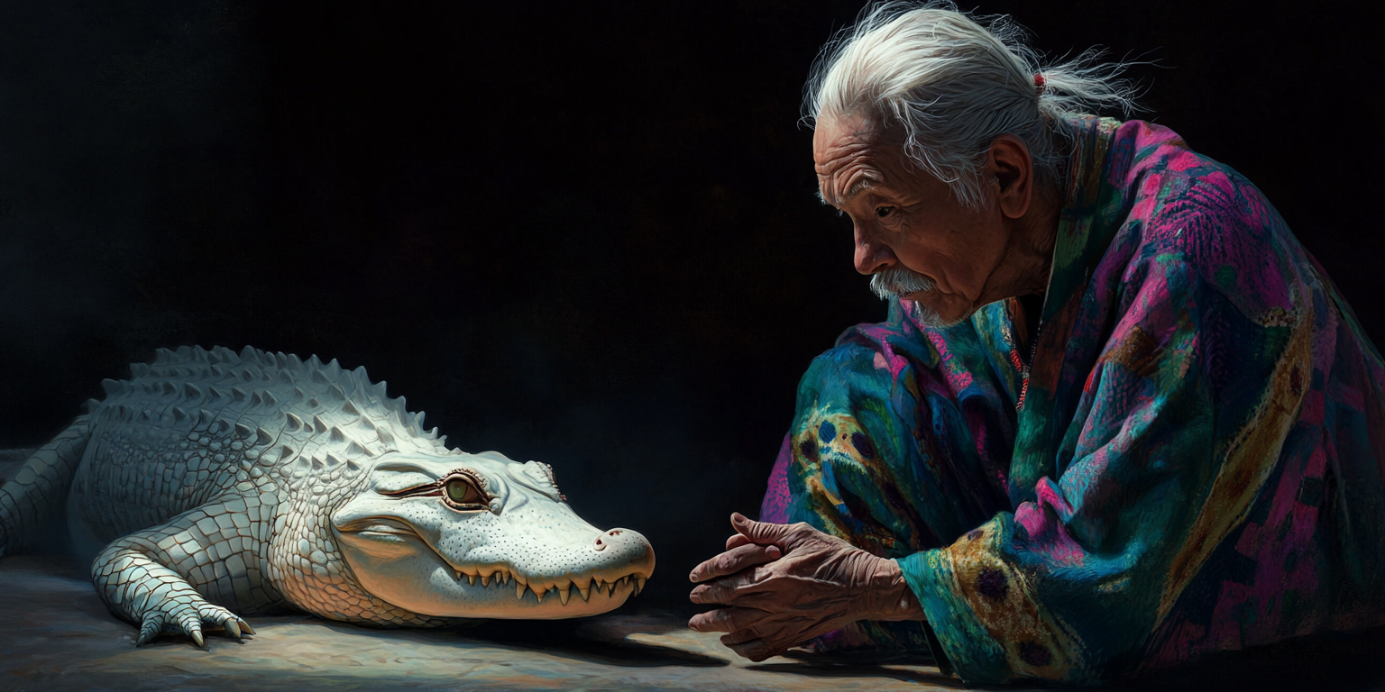 Elderly Inuit man in colorful robes with albino alligator.