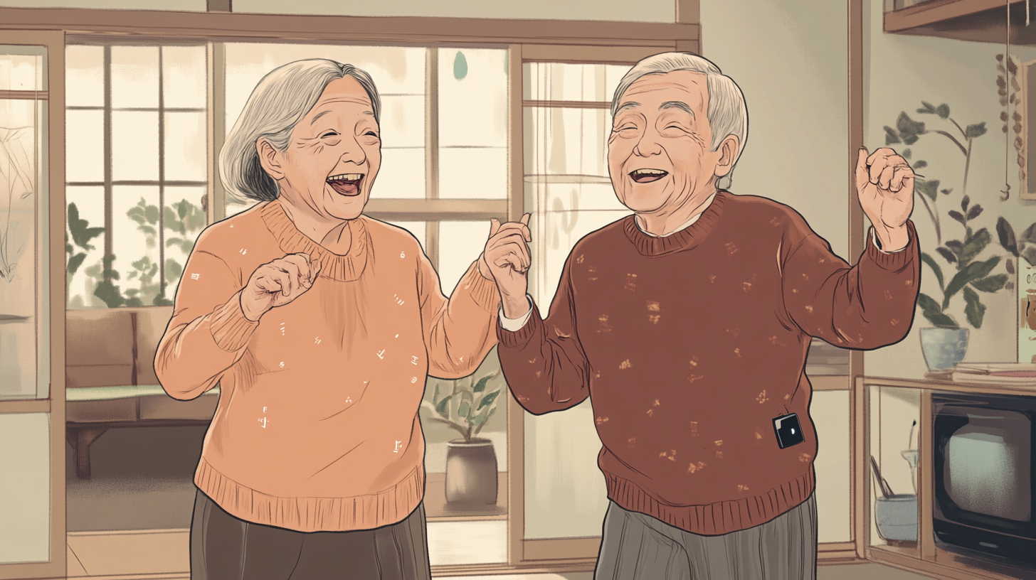 Elderly Japanese Couple Dancing with Arm Sensor