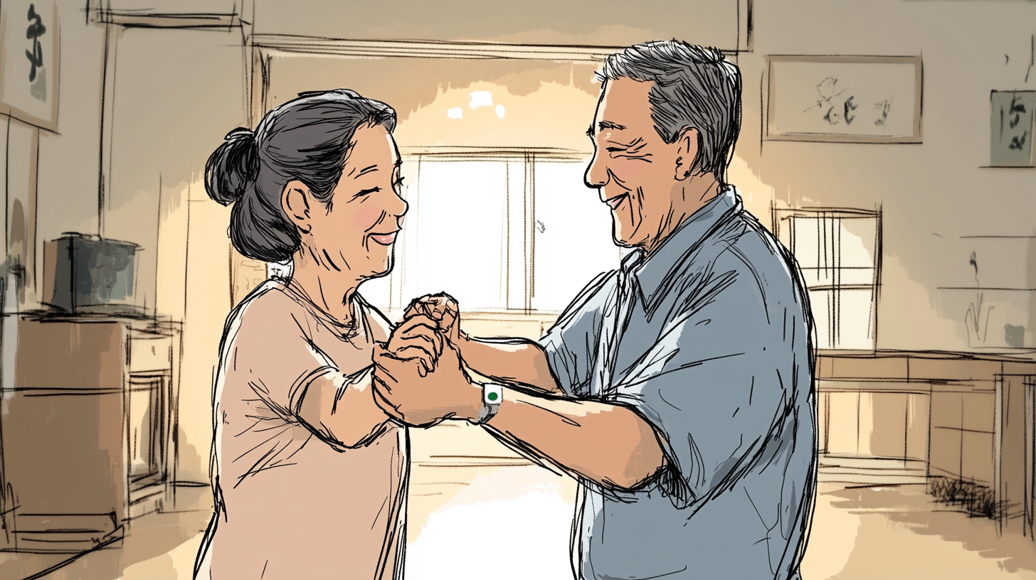 Elderly Japanese Couple Slow Dancing at Home