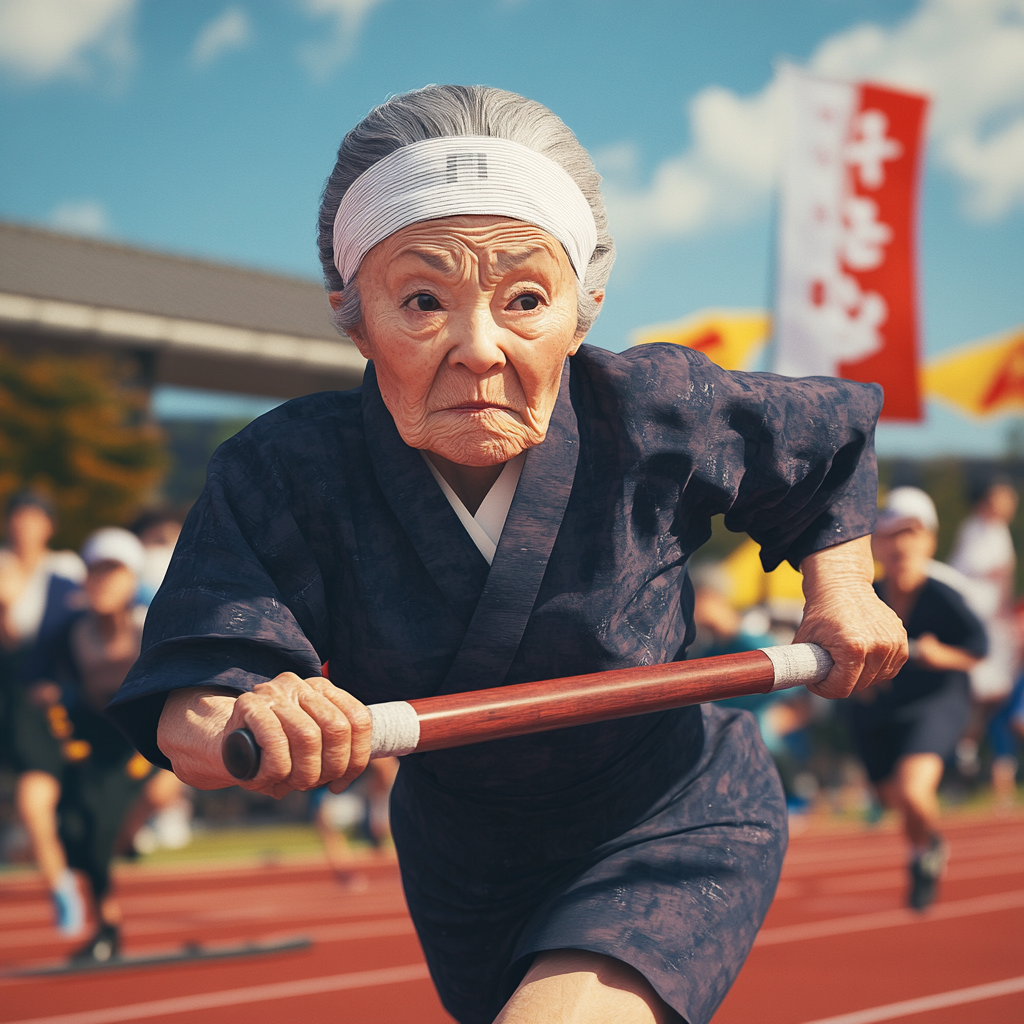 Elderly Japanese Grandma in Relay Race Event