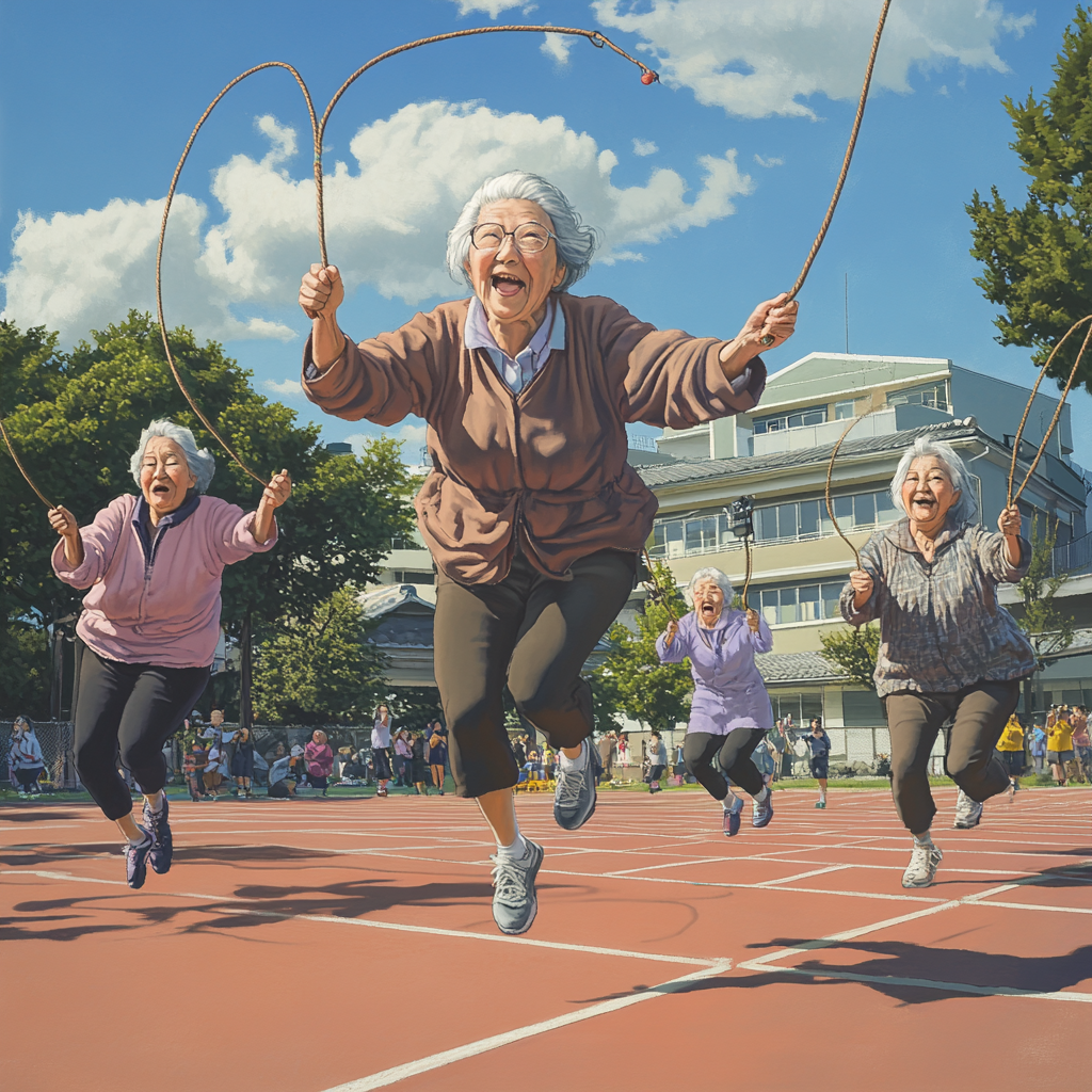 Elderly Japanese Women Jumping Rope Outdoors Smiling