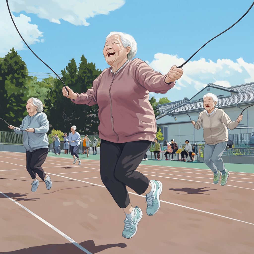 Elderly Japanese women happily jump rope outdoors 