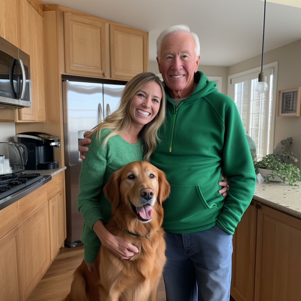 Elderly Man, Woman, and Golden Retriever Happy Together 