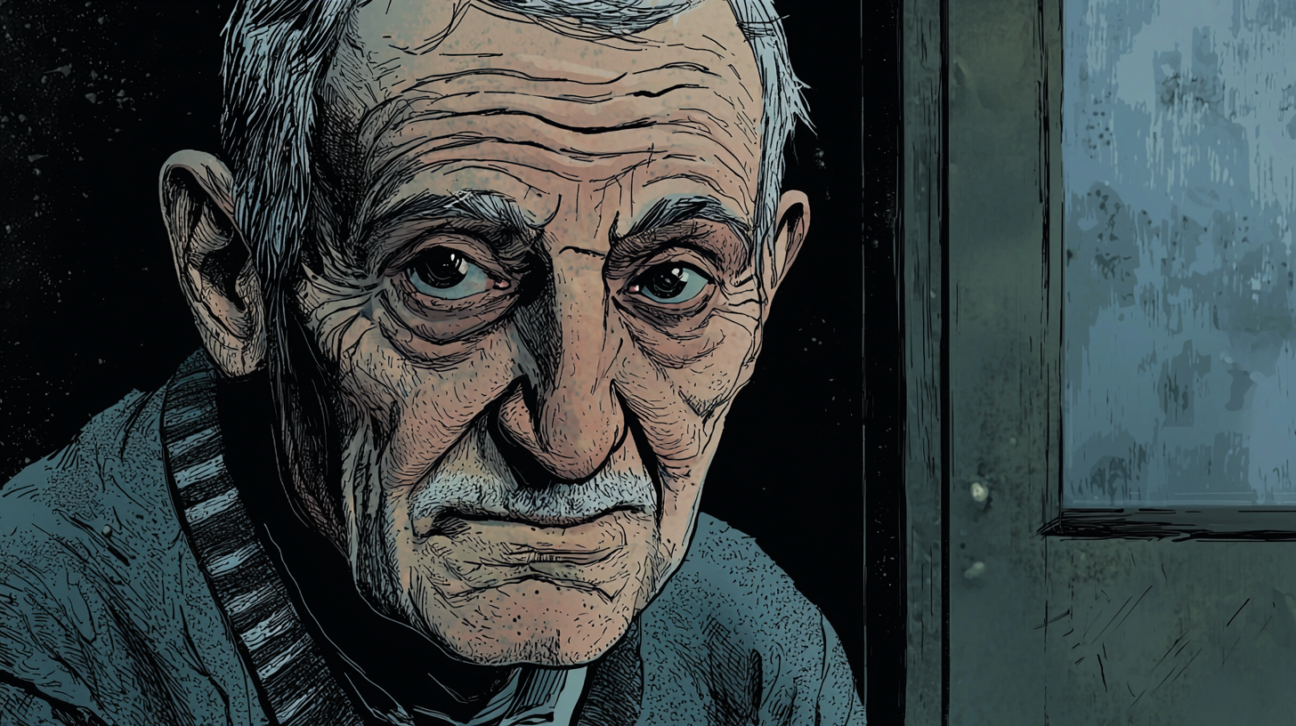 Elderly Raif portrait in comic art style, 1940s Turkey.