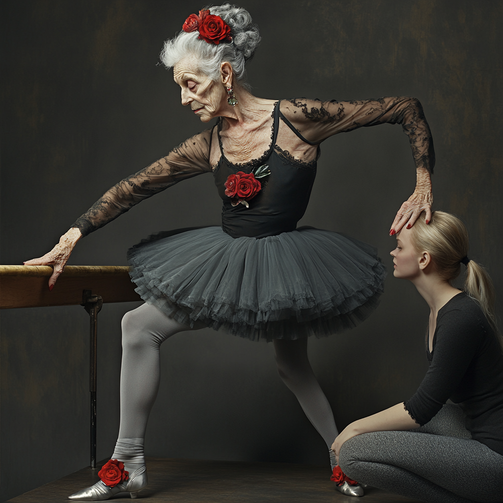 Elderly ballerina in black outfit doing stretches at barre.