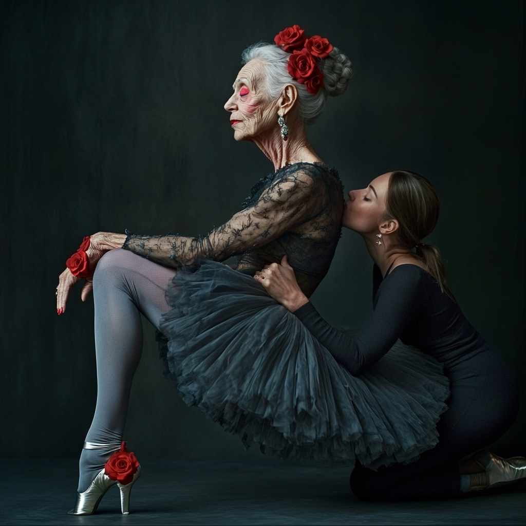 Elderly ballerina in black outfit stretches at ballet barre.