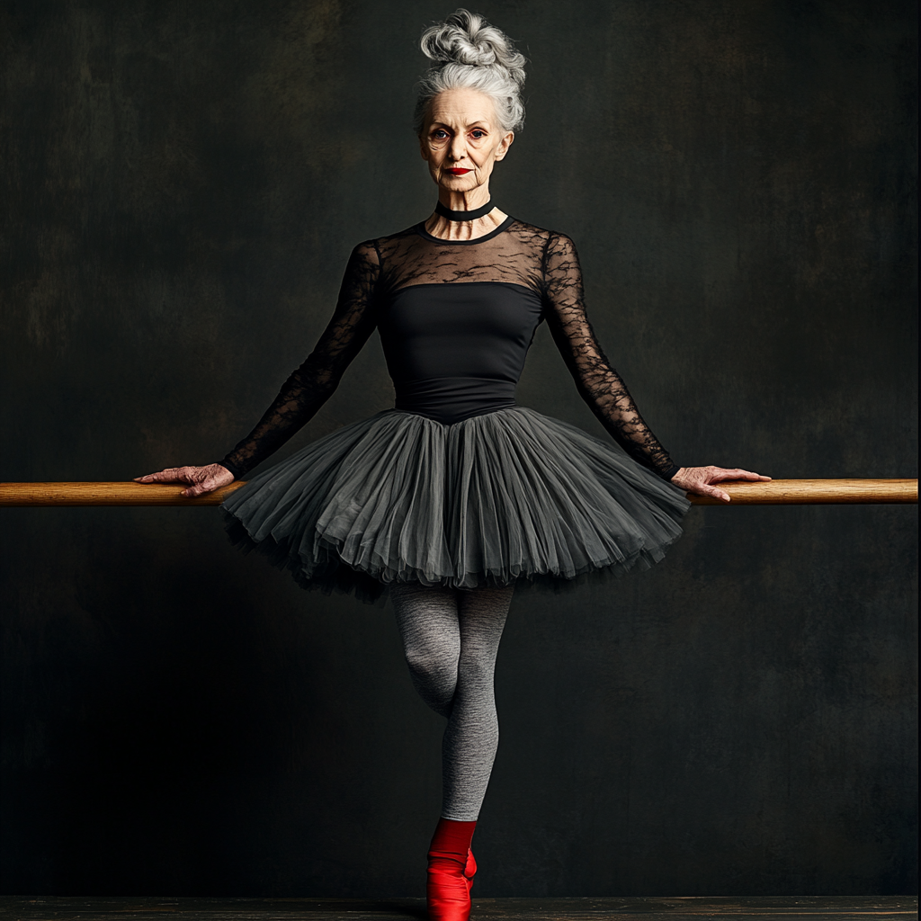 Elderly ballerina in black skirt, gray tights, red shoes.