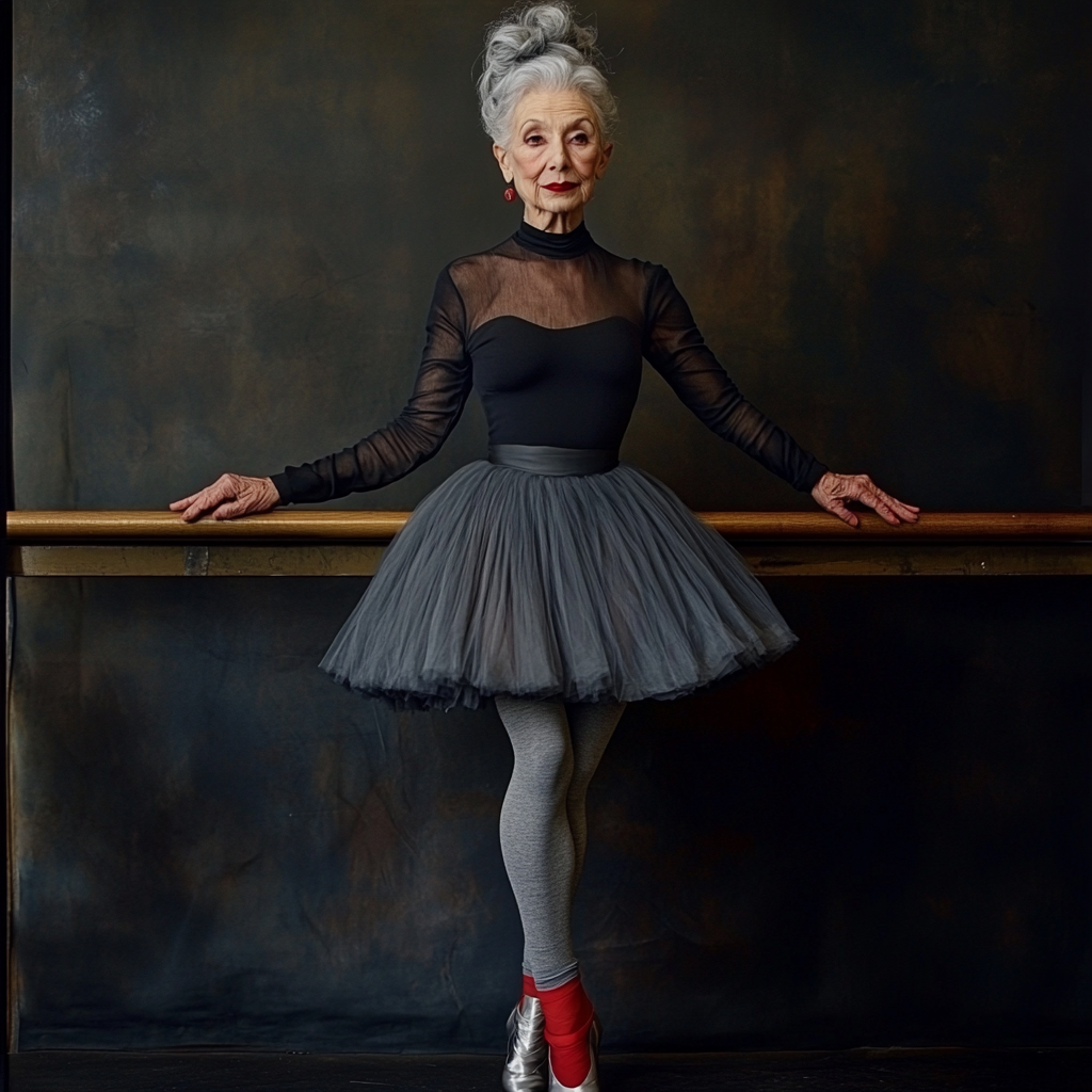 Elderly ballerina in black skirt and red ballet shoes