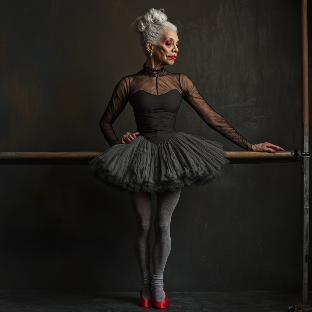 Elderly ballerina in black skirt and red shoes, gray hair.