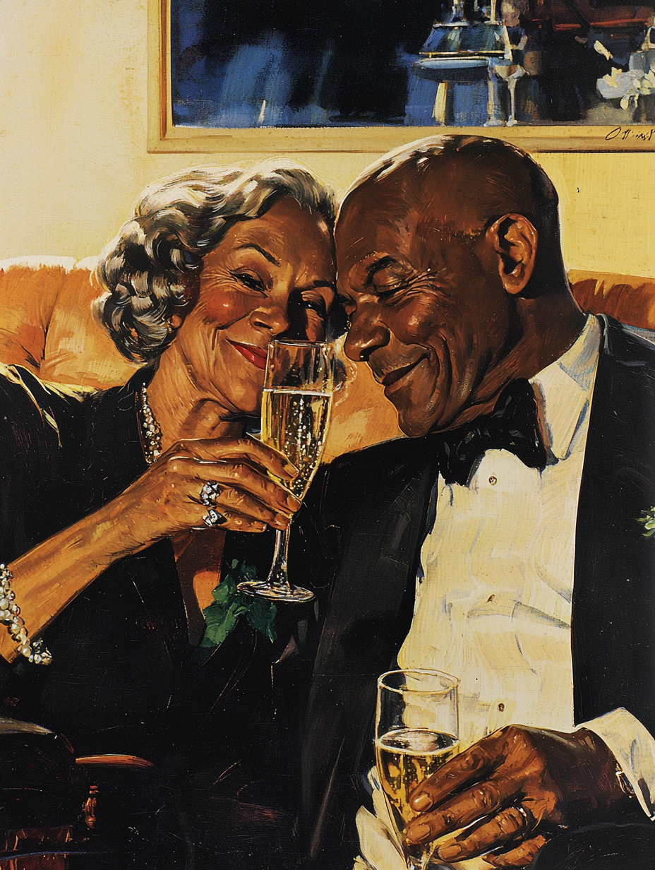 Elderly couple enjoying champagne on vintage book cover.