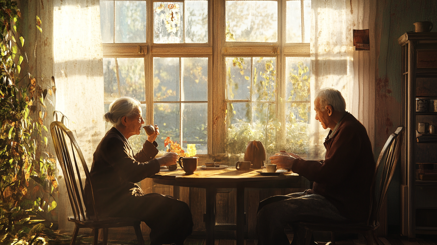 Elderly couple sipping tea in 1970s nostalgic home