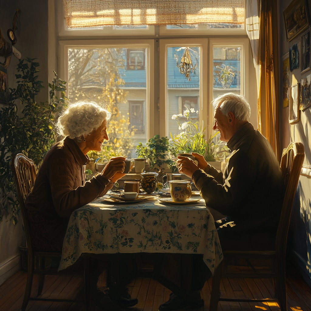 Elderly couple sipping tea in nostalgic 1970s home