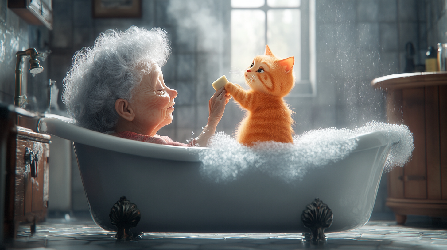 Elderly grandmother relaxing in bathtub, cat soaping her back.