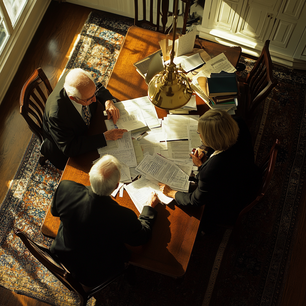 Elderly man and couple discussing bills at home