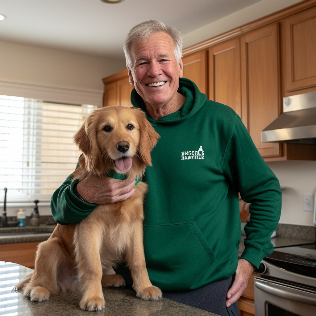 Elderly man and young woman with dog in kitchen