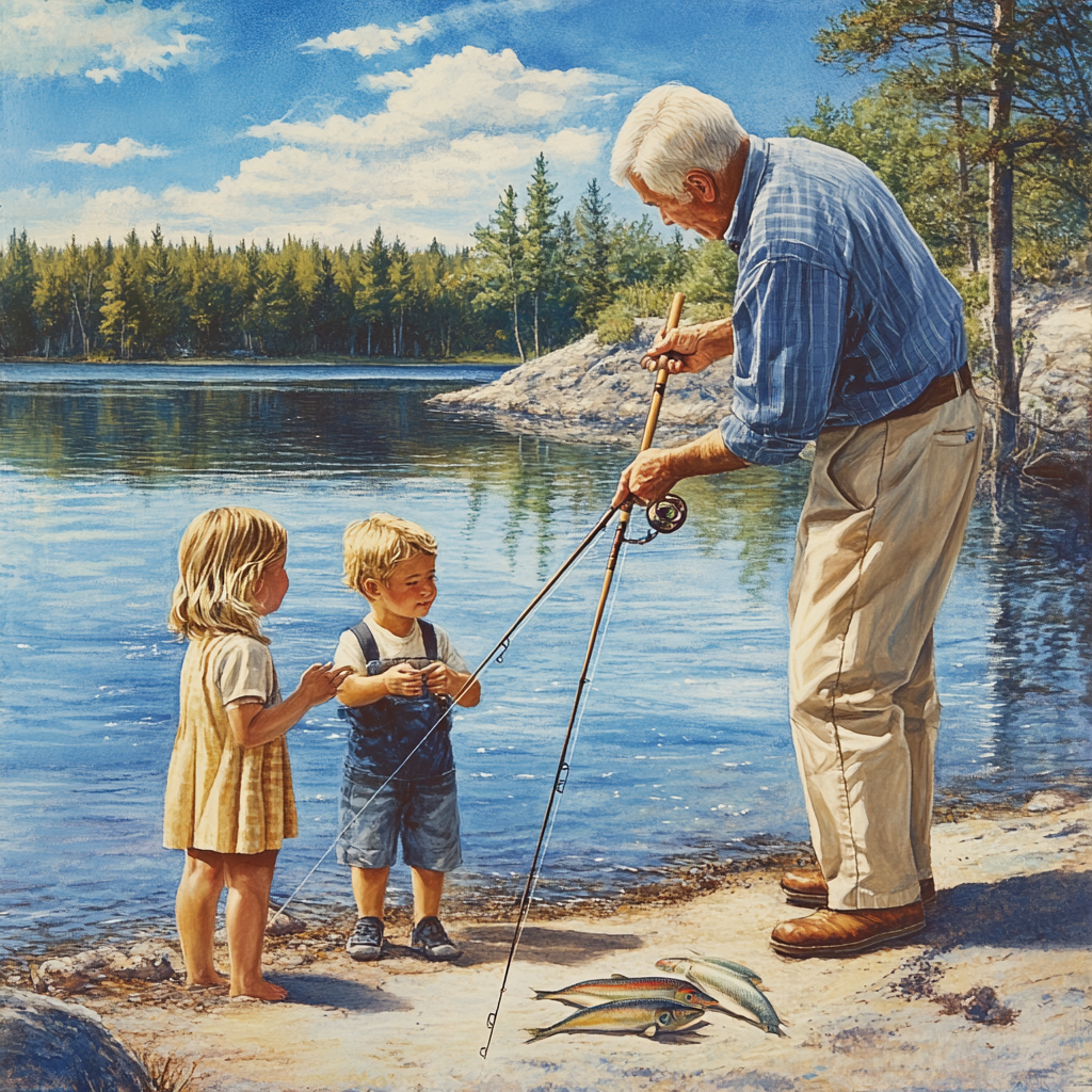 Elderly man helping children fish by a lake.